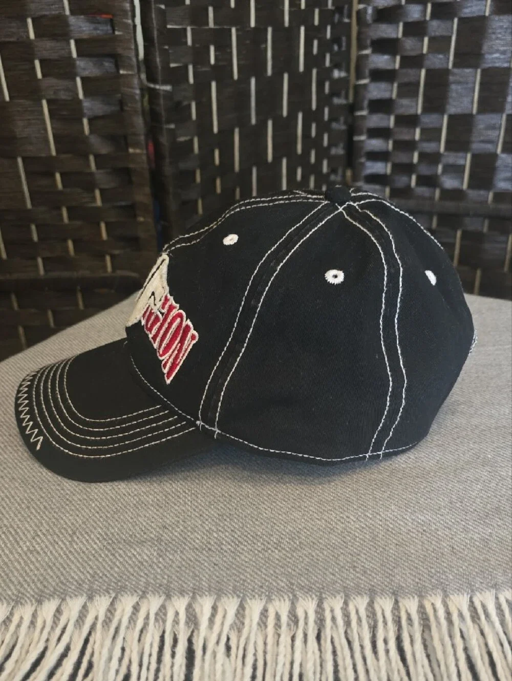 True Religion Black Baseball Cap with Red & White Embroidered Horseshoe Logo